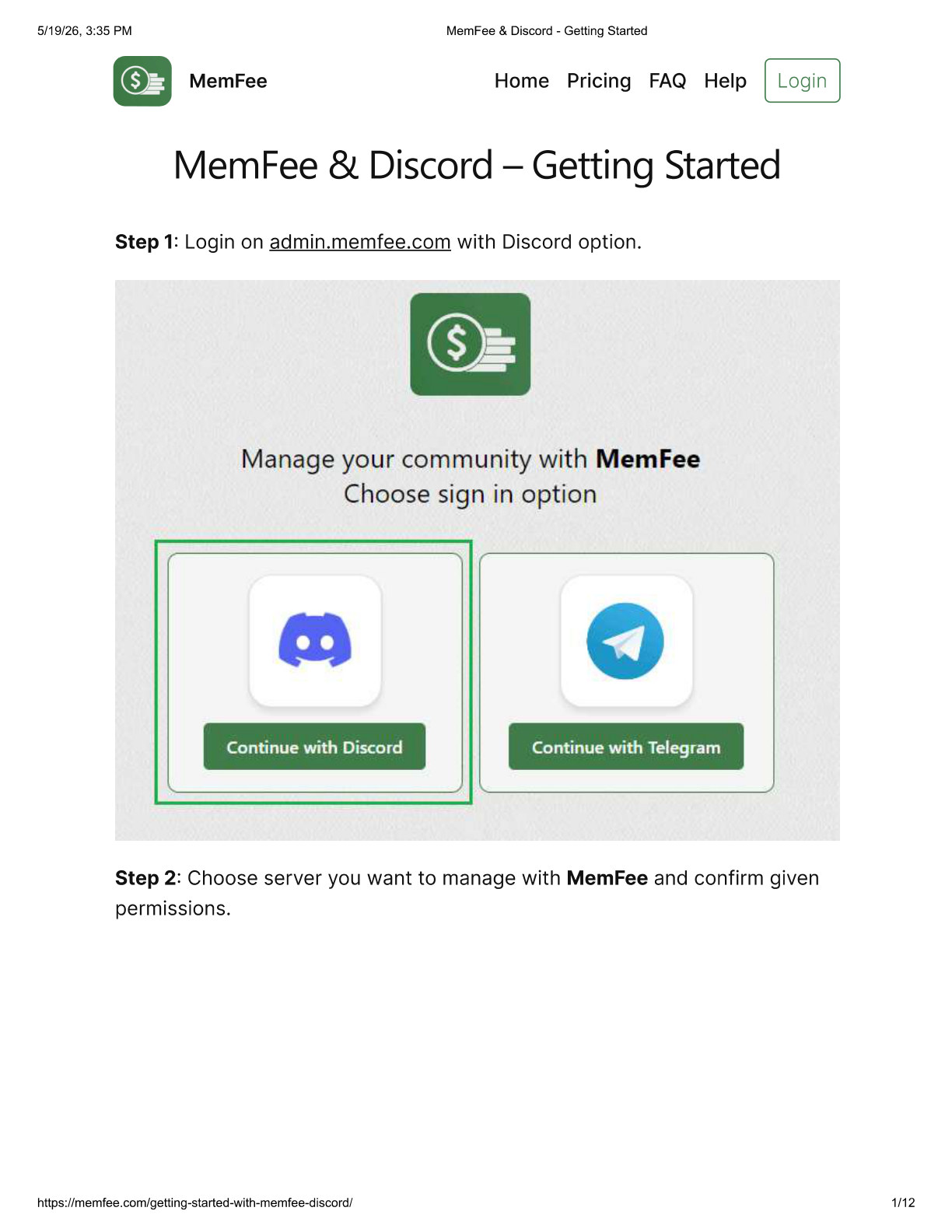 MemFee login screen with Discord option