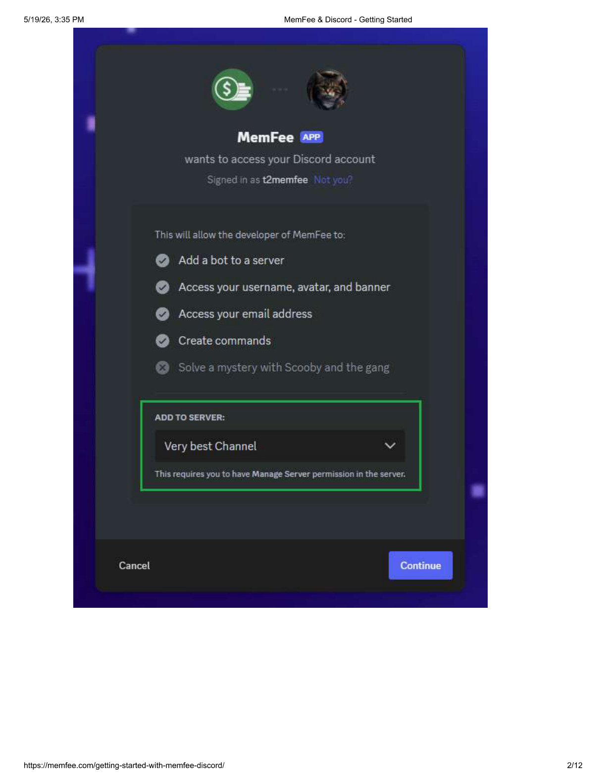Choose Discord server for MemFee