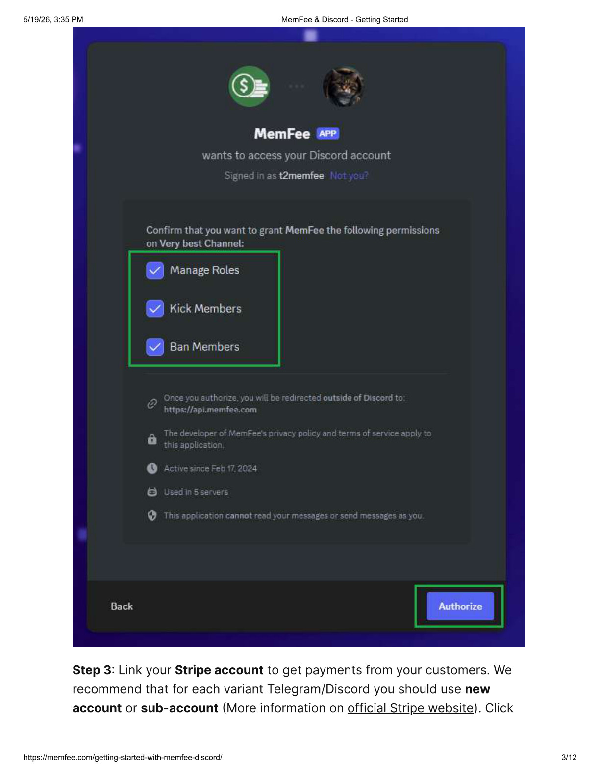 Authorize MemFee Discord permissions