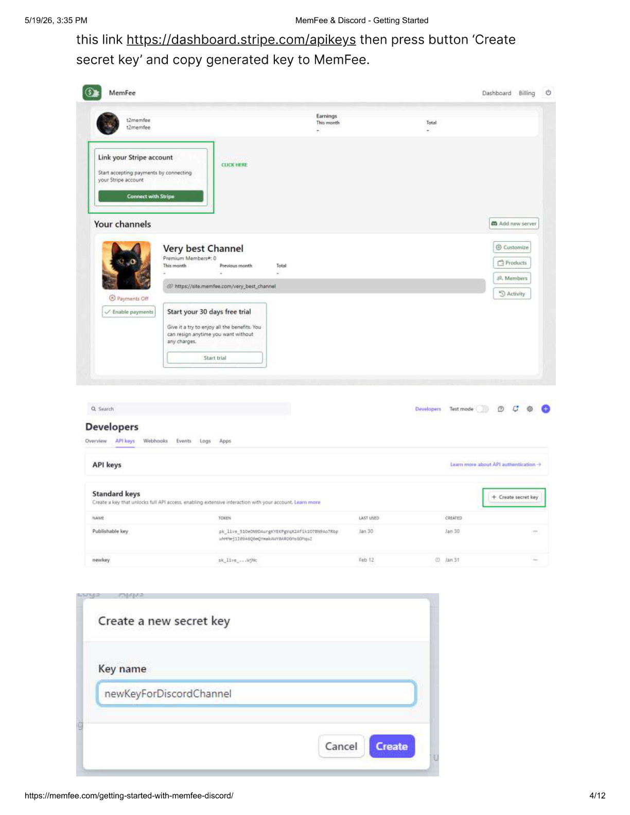 Stripe API keys and create secret key screens