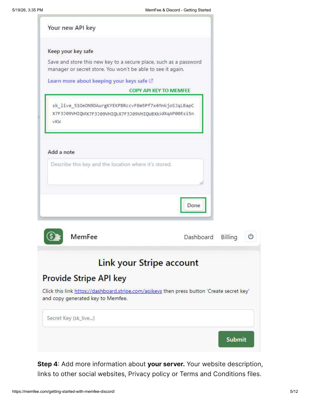 Copy Stripe API key to MemFee