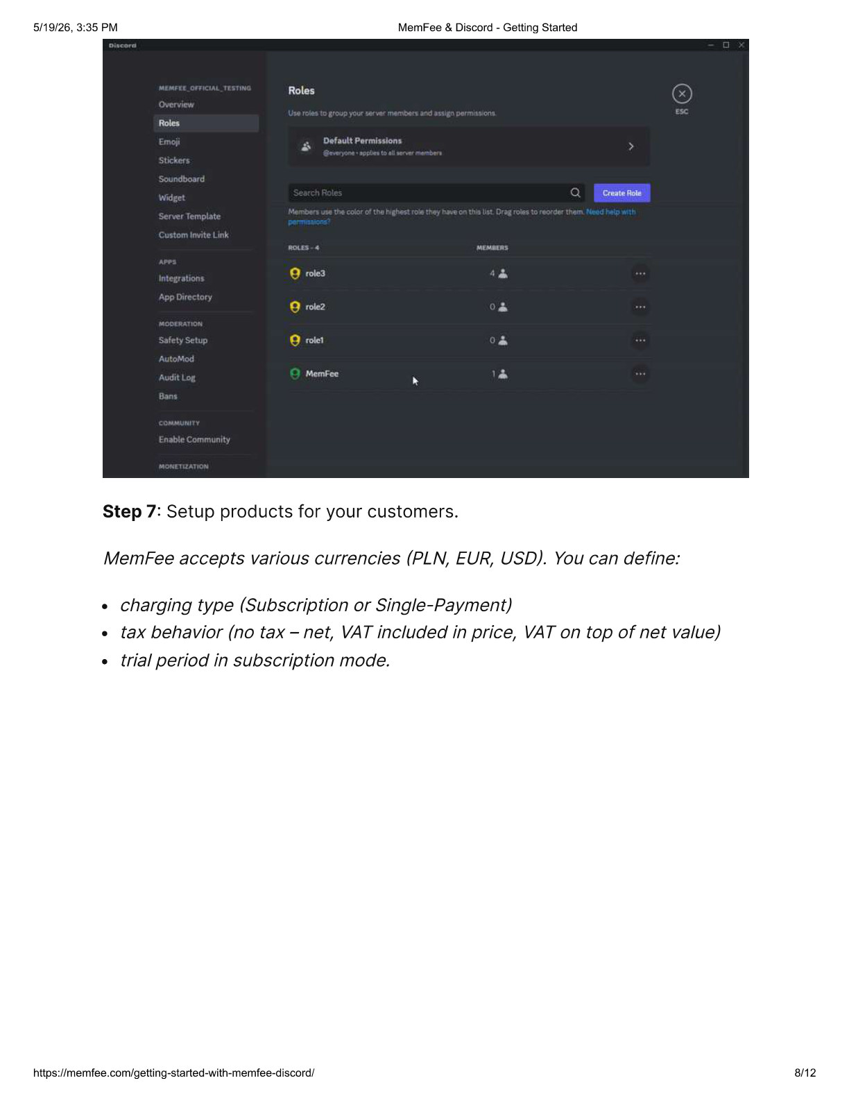 Discord roles page showing MemFee role