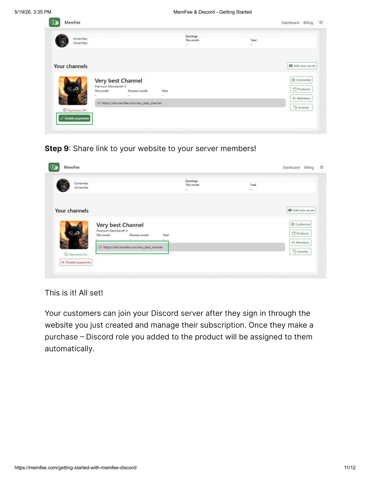 Enable payments in MemFee