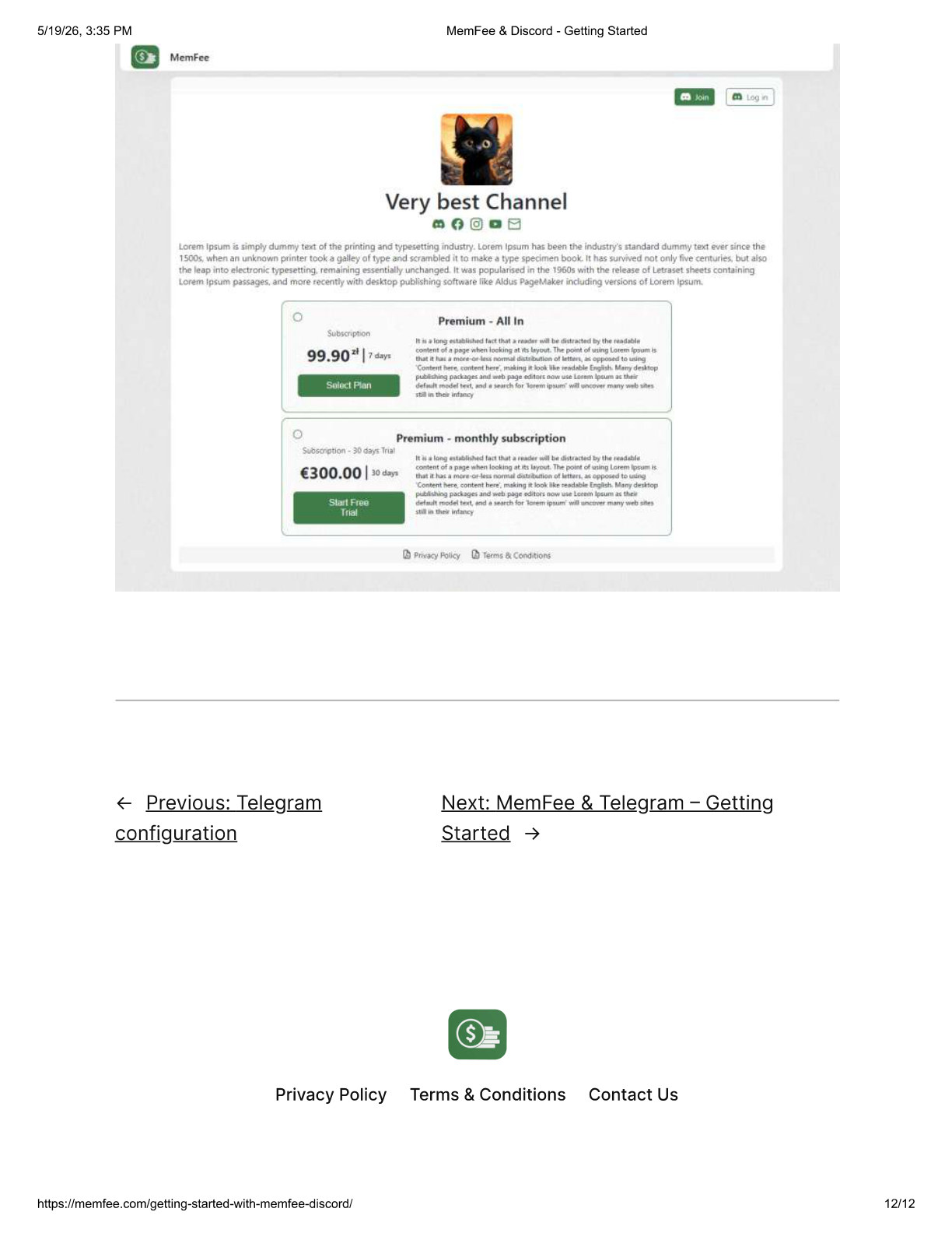 Customer purchase page for Discord community