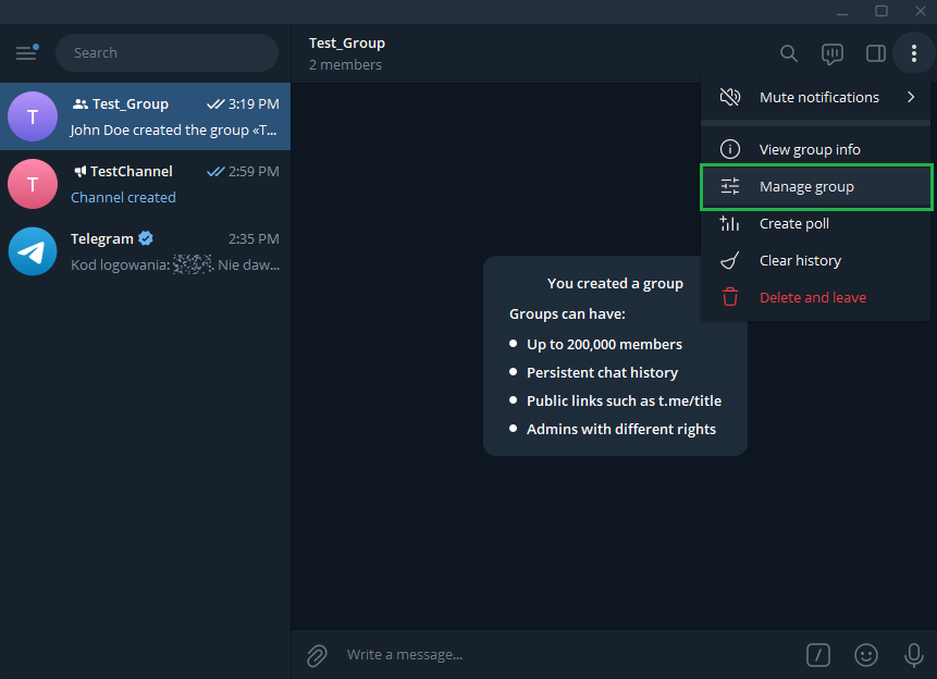 Manage group menu in Telegram