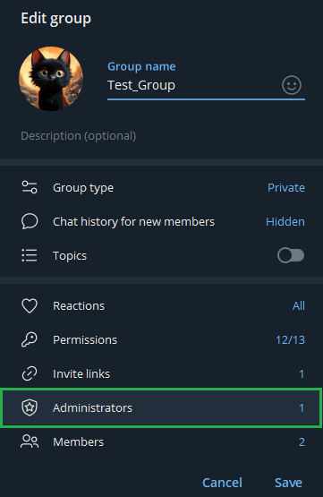 Open Administrators in Telegram group