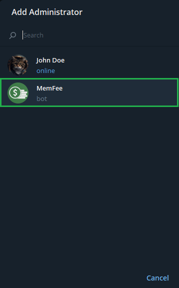 Add MemFee bot as administrator and save