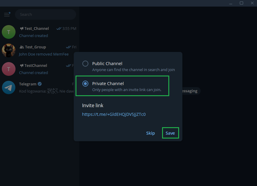 Choose Private Channel and save