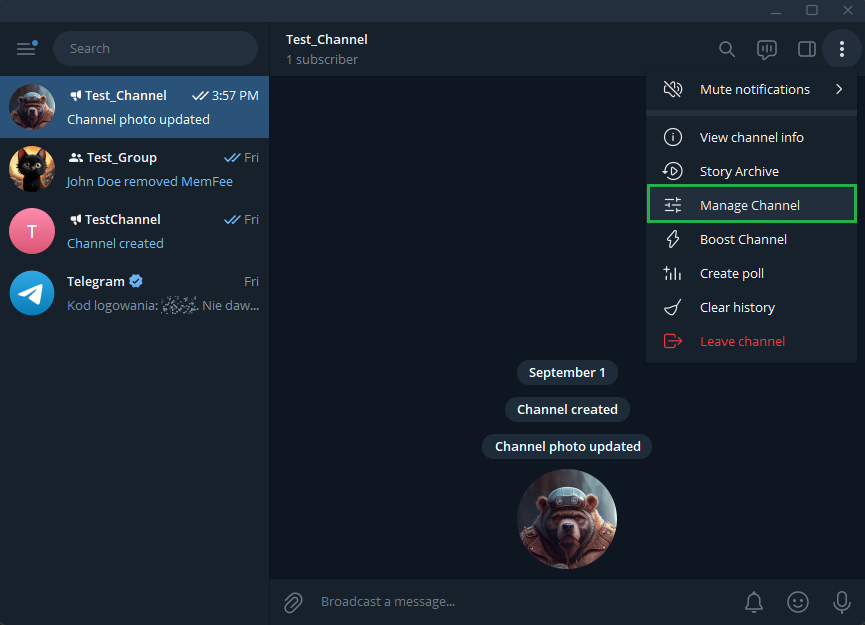 Manage Channel menu in Telegram