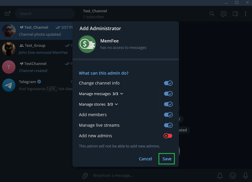 Make MemFee bot an admin and save