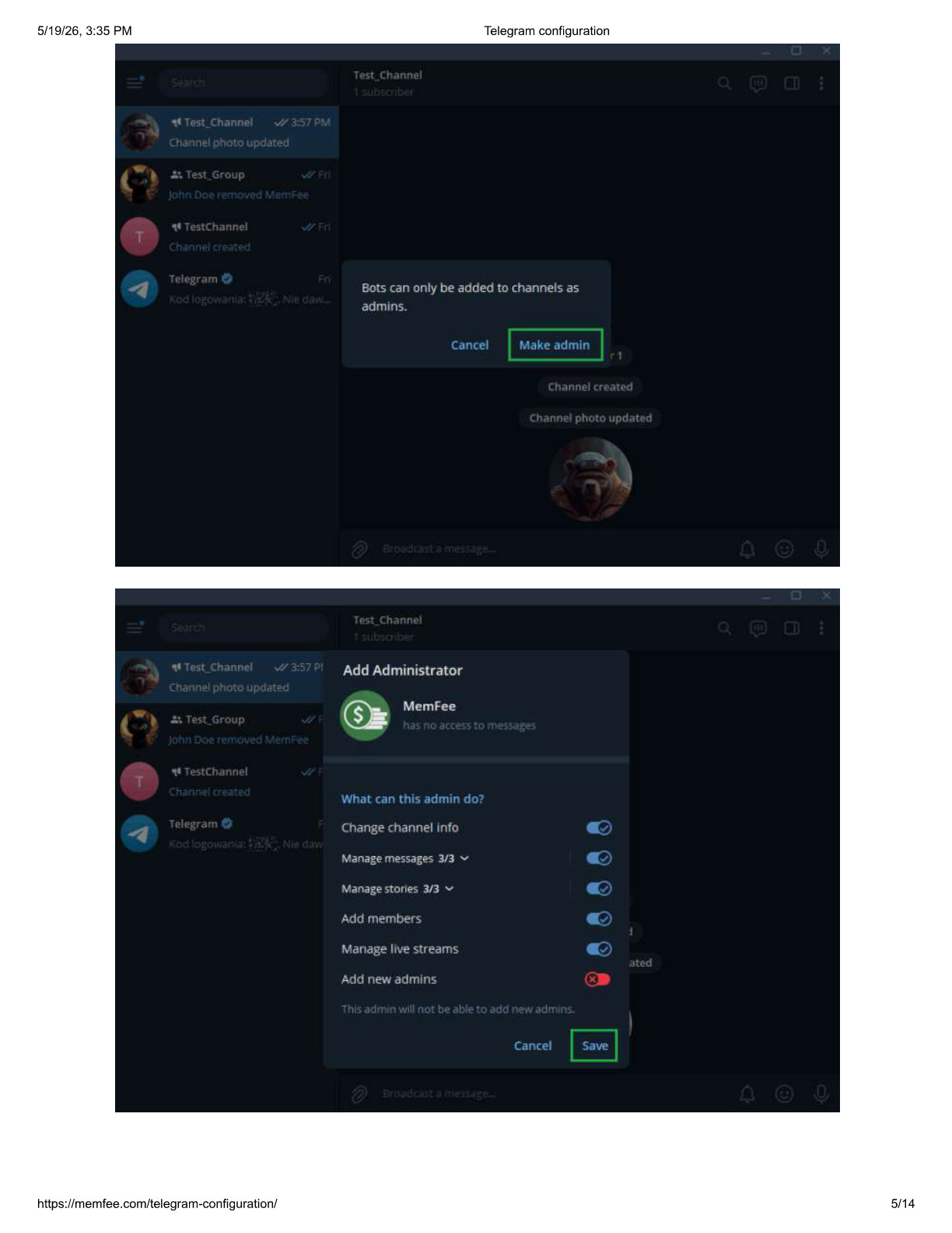Make MemFee bot an admin and save