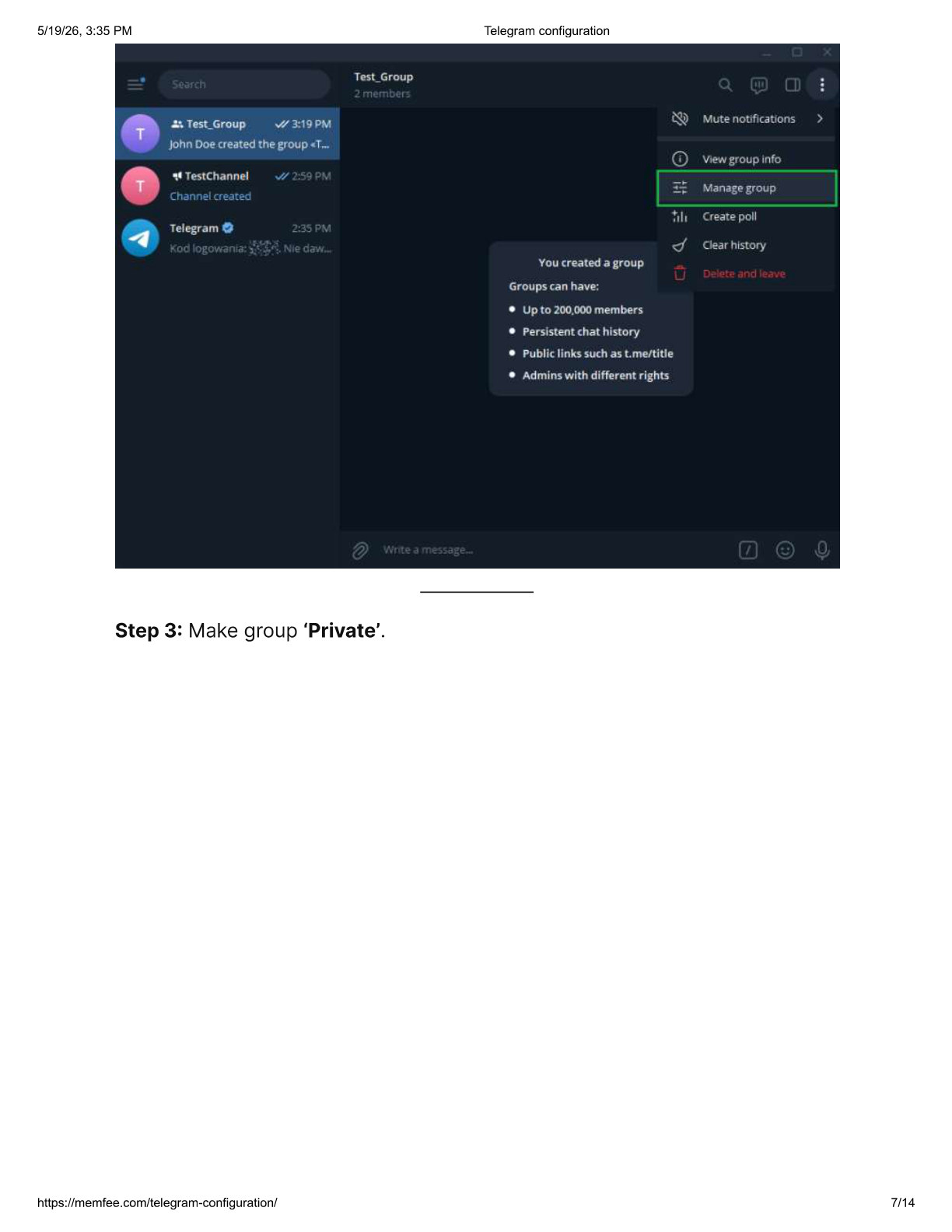 Manage group menu in Telegram