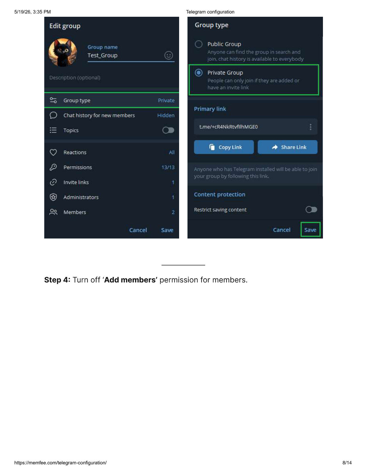 Set Telegram group type to private