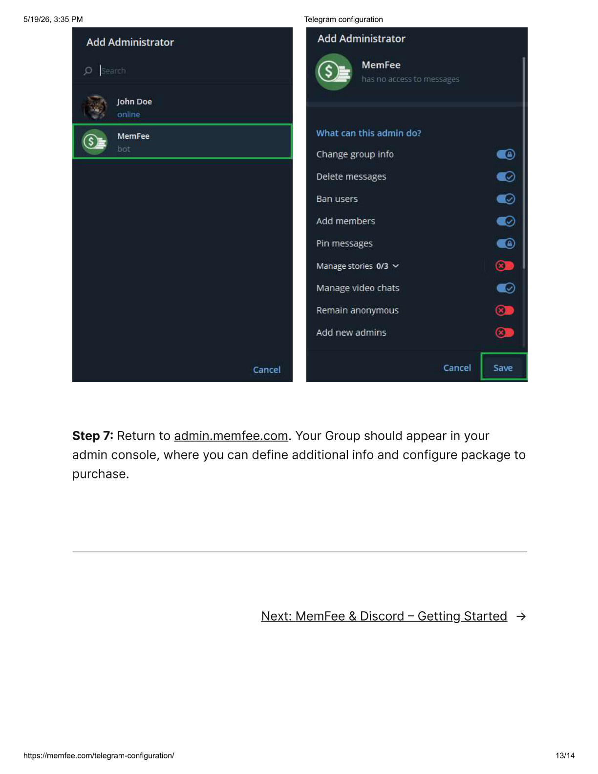 Add MemFee bot as administrator and save