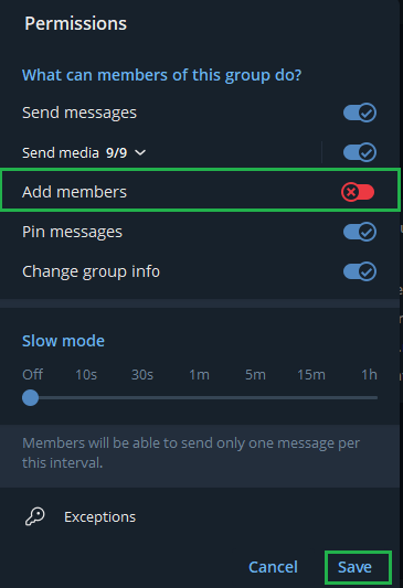 Turn off Add members permission in Telegram group