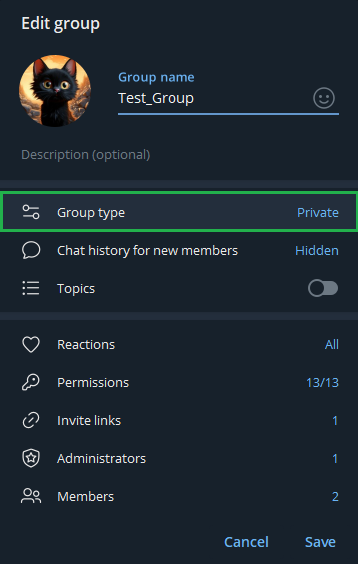 Set Telegram group type to private