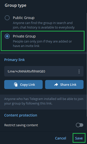 Set Telegram group type to private