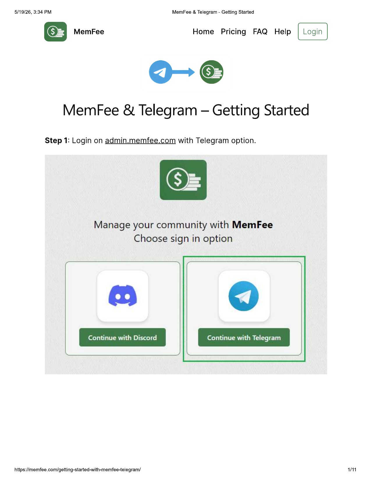 MemFee login screen with Telegram option