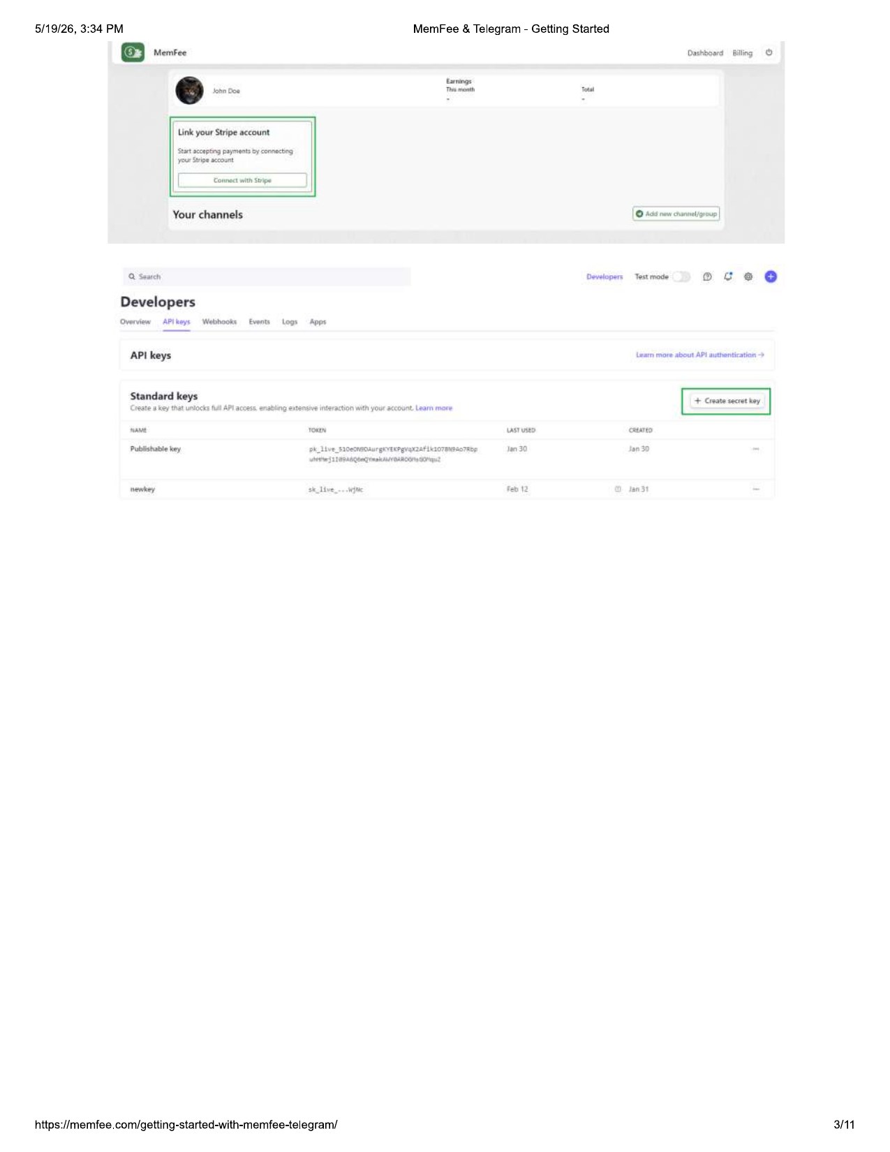 Stripe API keys page